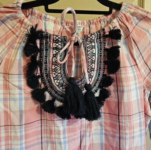 NWT Crown & Ivy Pink And White Checkered Dress With Navy Blue Tassel Decoration - Picture 3 of 7